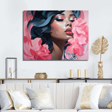 Pink and blue fashion woman floral portrait II - Fashion Canvas Wall Art